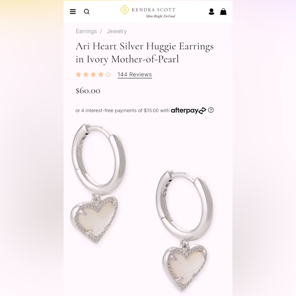 Kendra Scott Ari Heart Silver Huggie Earrings in Ivory Mother-of-Pearl
